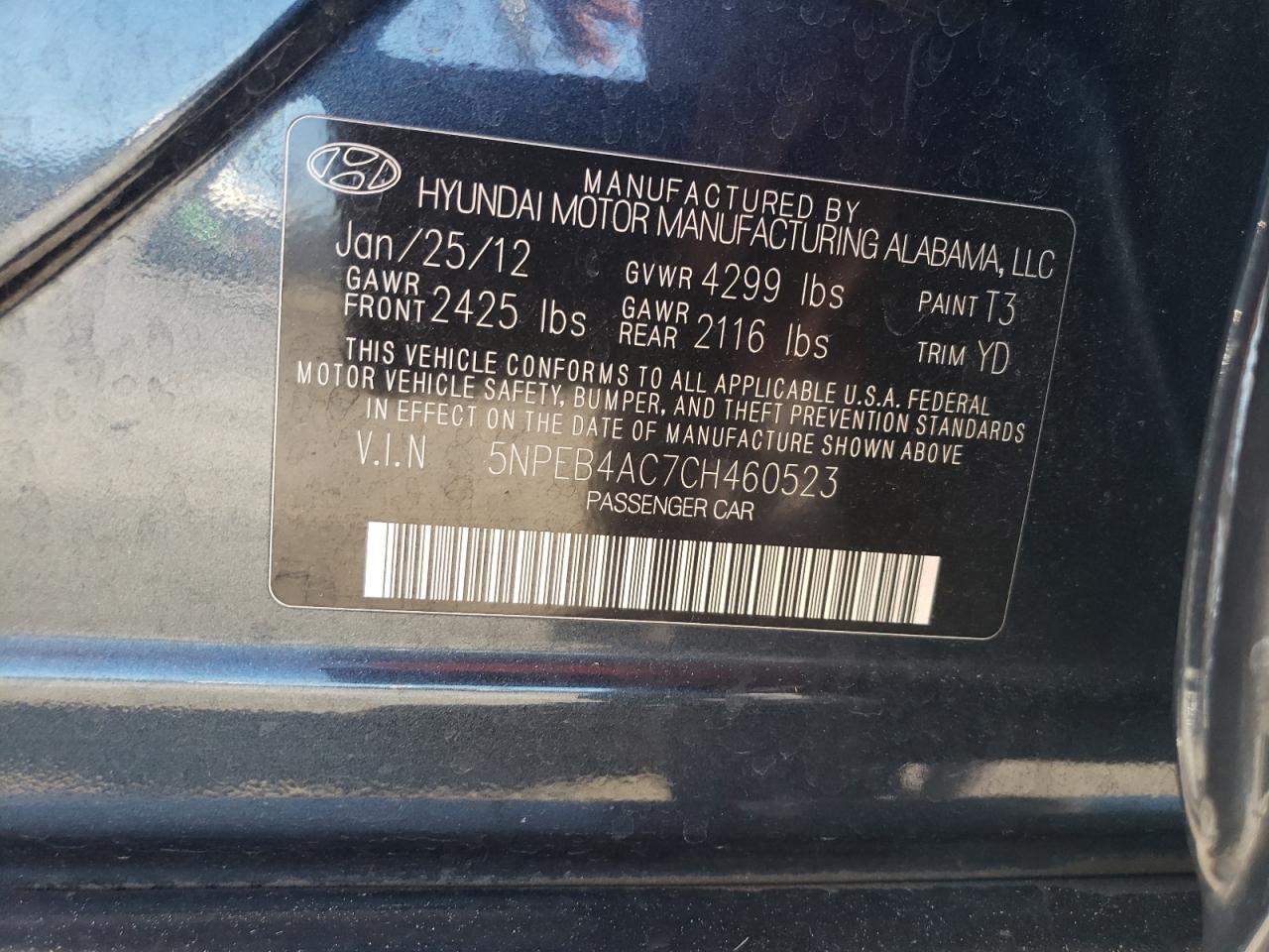 5NPEB4AC7CH460523 2012 Hyundai Sonata Gls