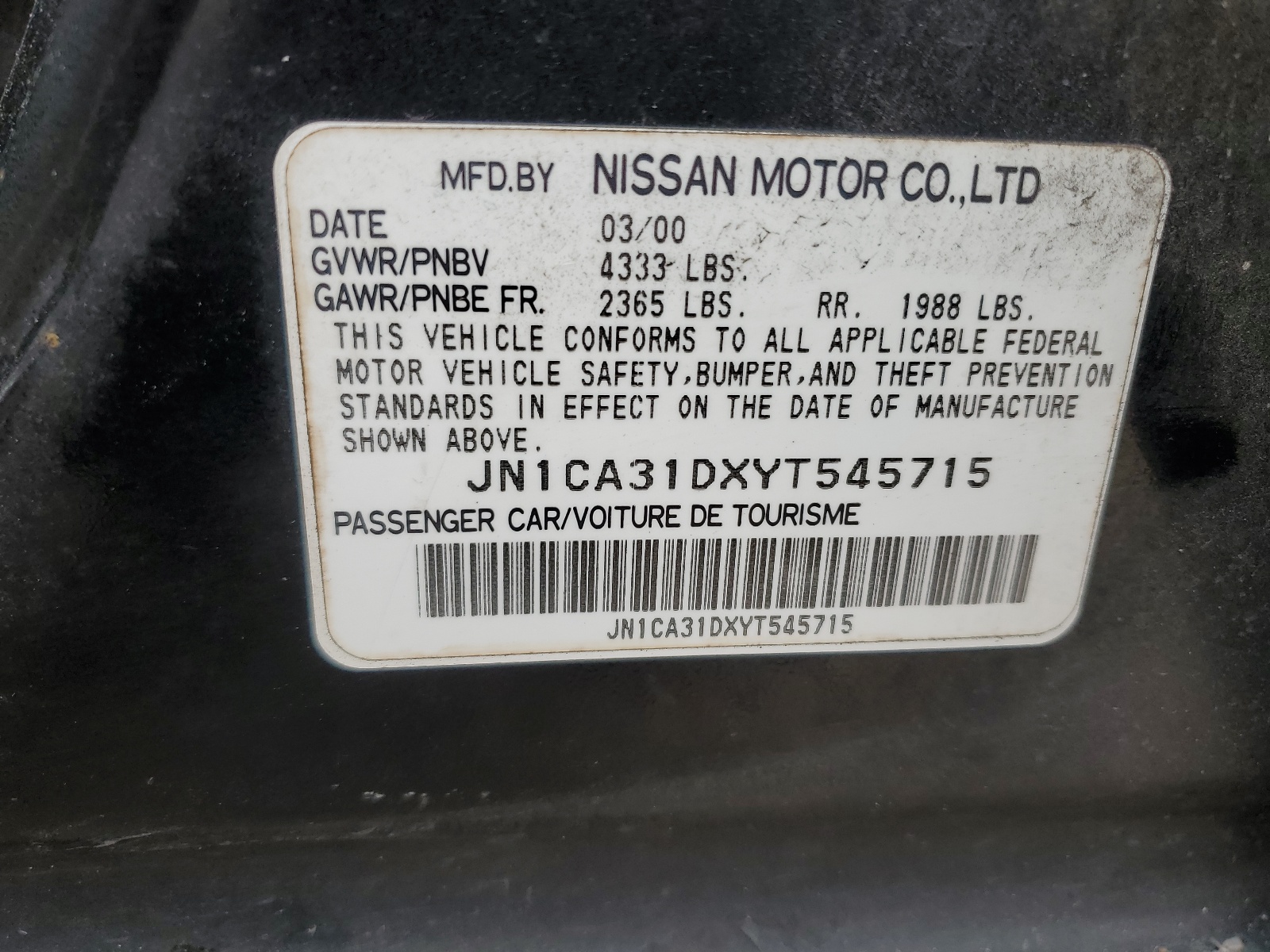 JN1CA31DXYT545715 2000 Nissan Maxima Gle