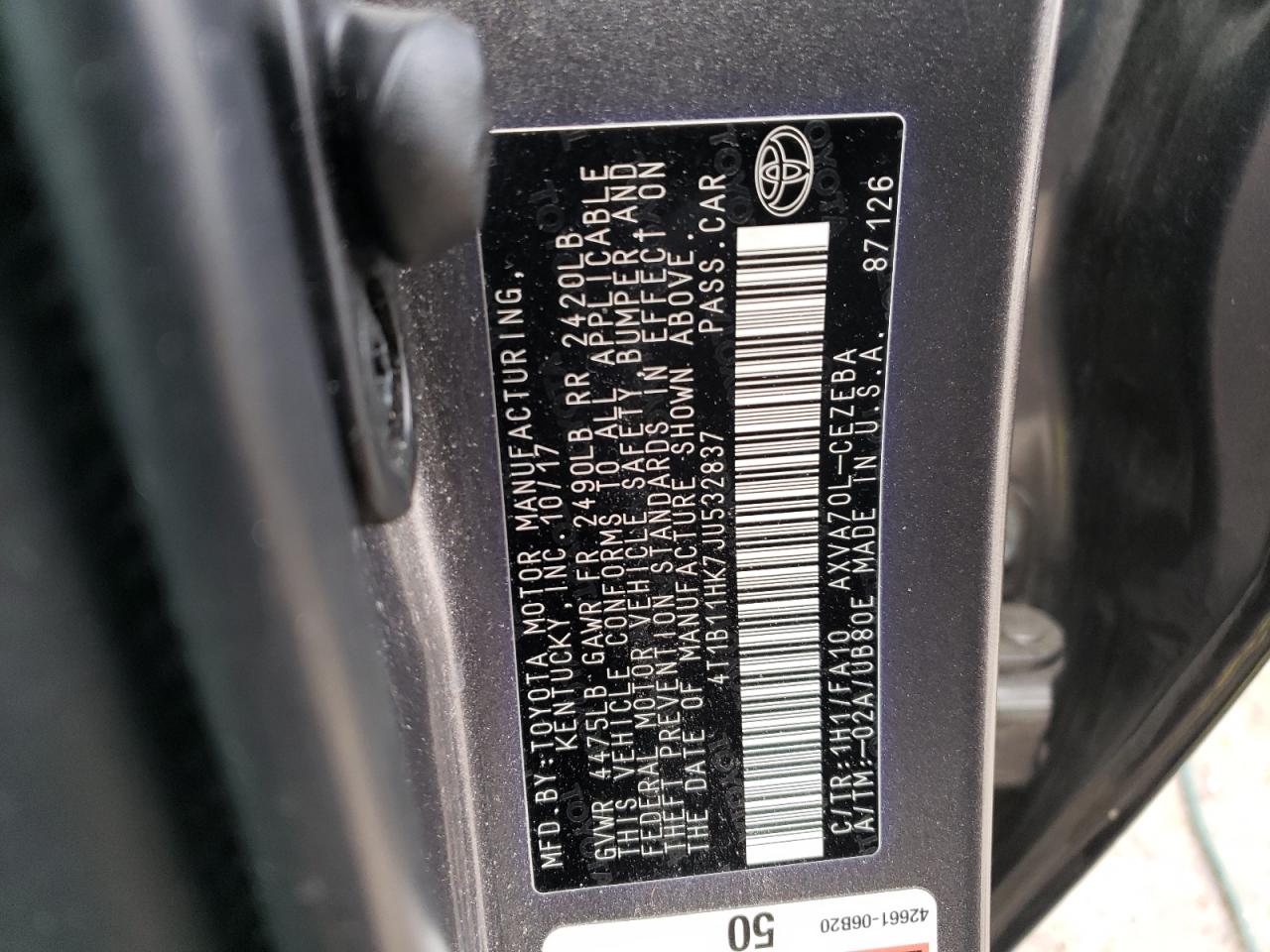 4T1B11HK7JU532837 2018 Toyota Camry L