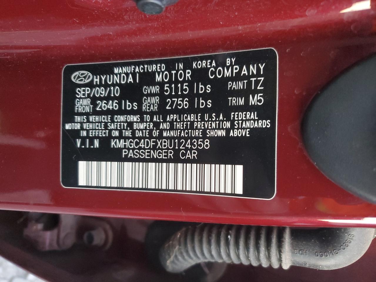 2011 Hyundai Genesis 4.6L VIN: KMHGC4DFXBU124358 Lot: 89187465