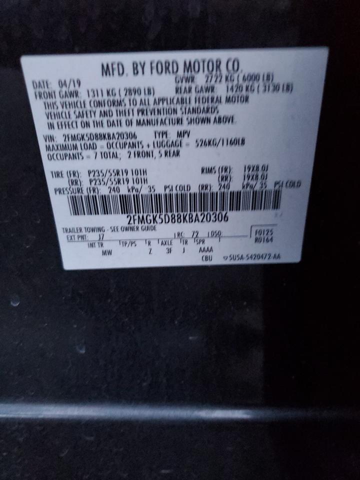 2019 Ford Flex Limited VIN: 2FMGK5D88KBA20306 Lot: 81575643