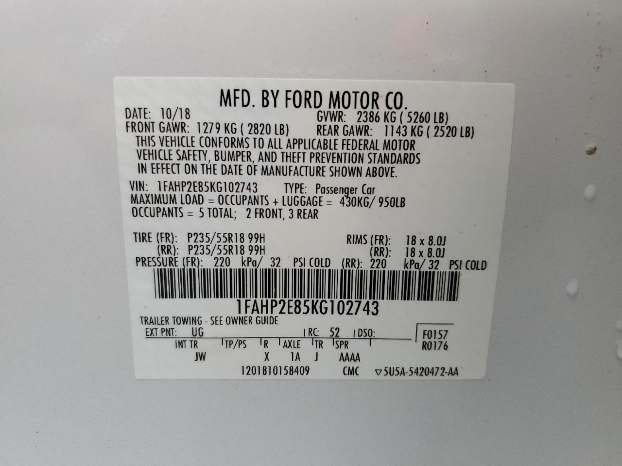 VIN 1FAHP2E85KG102743 2019 FORD TAURUS no.12