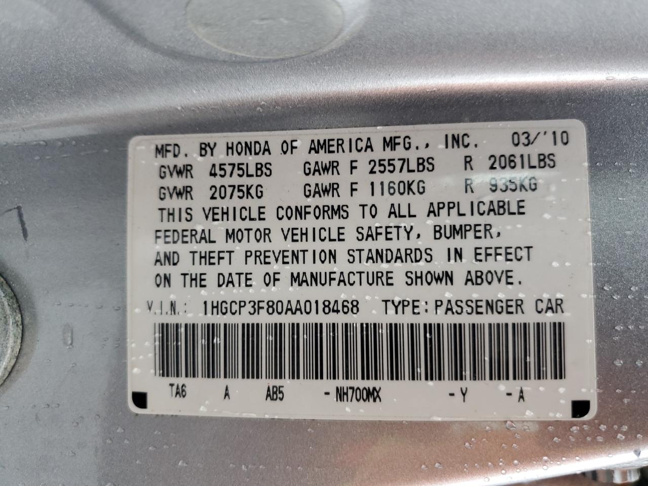 2010 Honda Accord Exl VIN: 1HGCP3F80AA018468 Lot: 81591843