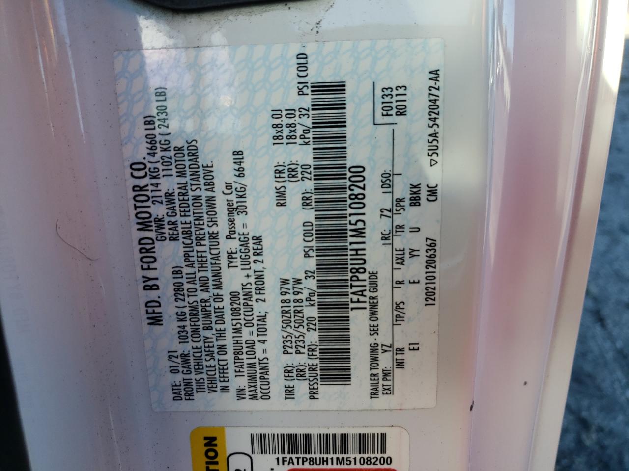 2021 Ford Mustang VIN: 1FATP8UH1M5108200 Lot: 80176093