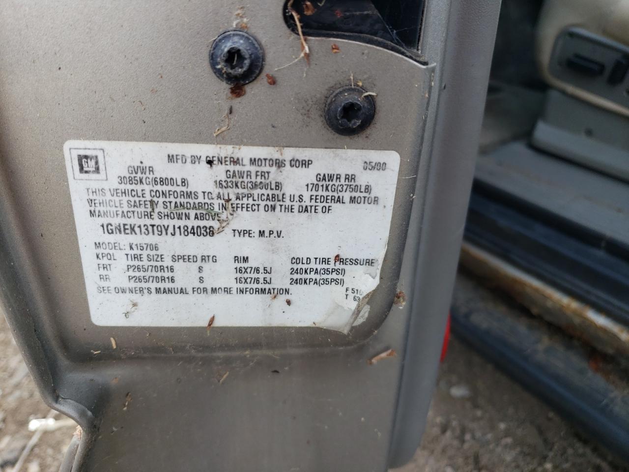 2000 Chevrolet Tahoe K1500 VIN: 1GNEK13T9YJ184038 Lot: 60396564