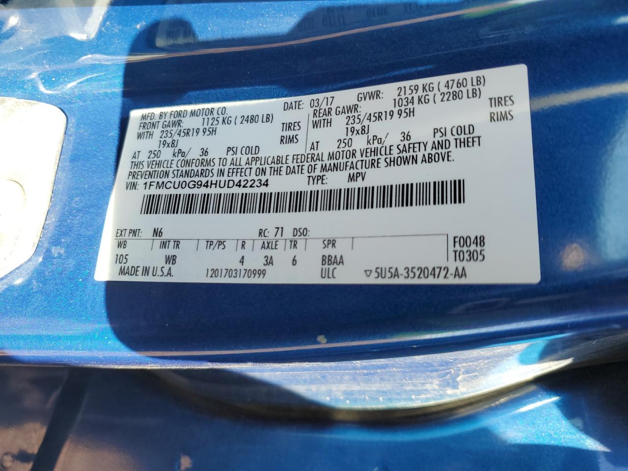 2017 Ford Escape Se VIN: 1FMCU0G94HUD42234 Lot: 82651223