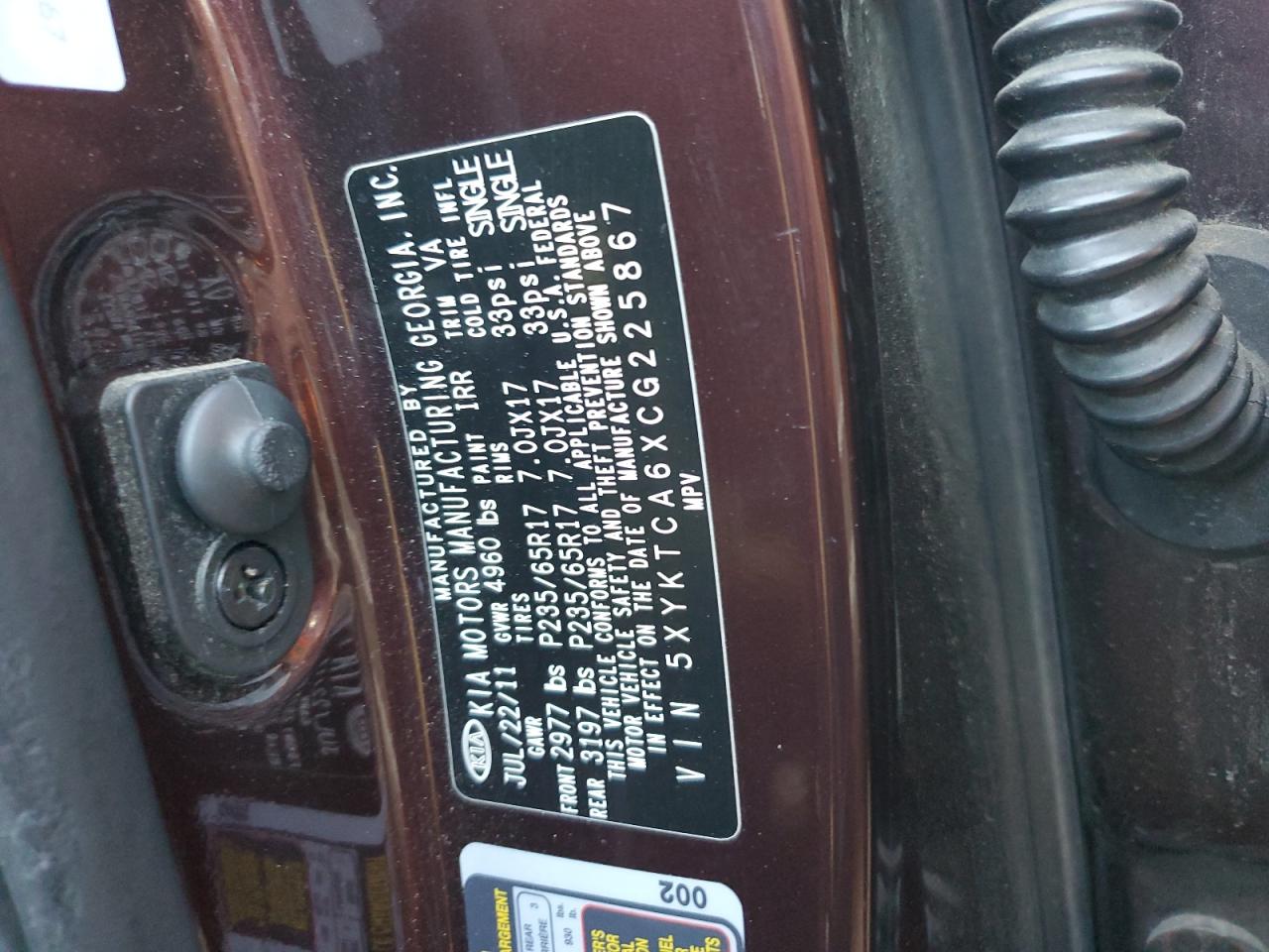 2012 Kia Sorento Base VIN: 5XYKTCA6XCG225867 Lot: 81736733