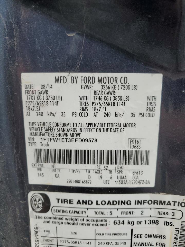 2014 Ford F150 Supercrew VIN: 1FTFW1ET3EFD09578 Lot: 57227345