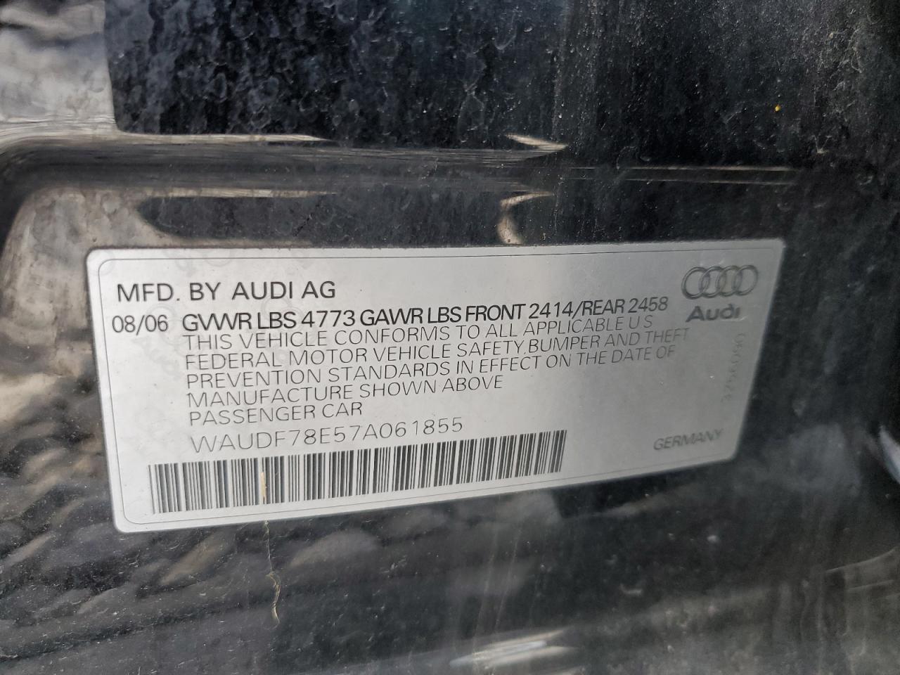 2007 Audi A4 2.0T Quattro VIN: WAUDF78E57A061855 Lot: 79828653