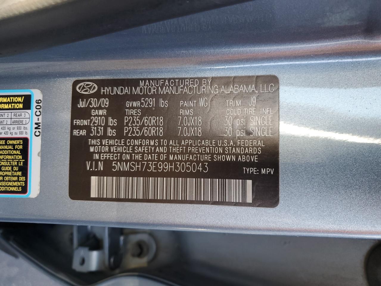 5NMSH73E99H305043 2009 Hyundai Santa Fe Se