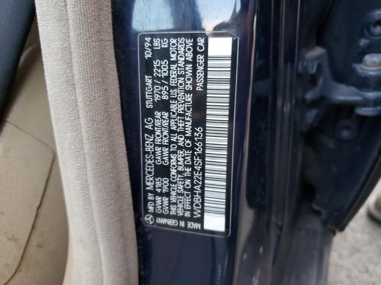 1995 Mercedes-Benz C 220 VIN: WDBHA22E4SF166136 Lot: 78681123