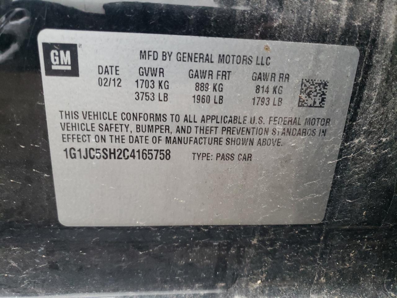 2012 Chevrolet Sonic Lt VIN: 1G1JC5SH2C4165758 Lot: 82337003