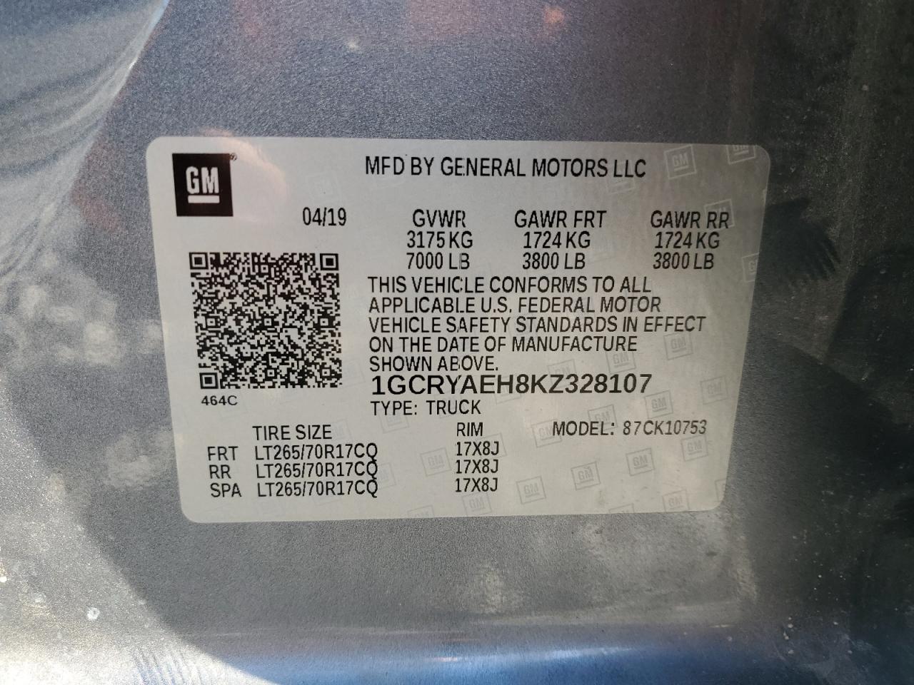 2019 Chevrolet Silverado K1500 VIN: 1GCRYAEH8KZ328107 Lot: 79040473