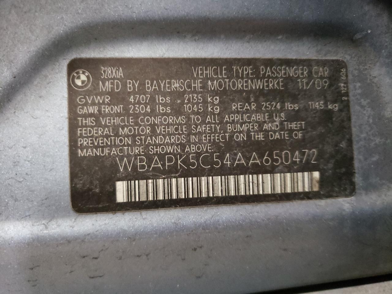 2010 BMW 328 Xi Sulev VIN: WBAPK5C54AA650472 Lot: 57735244