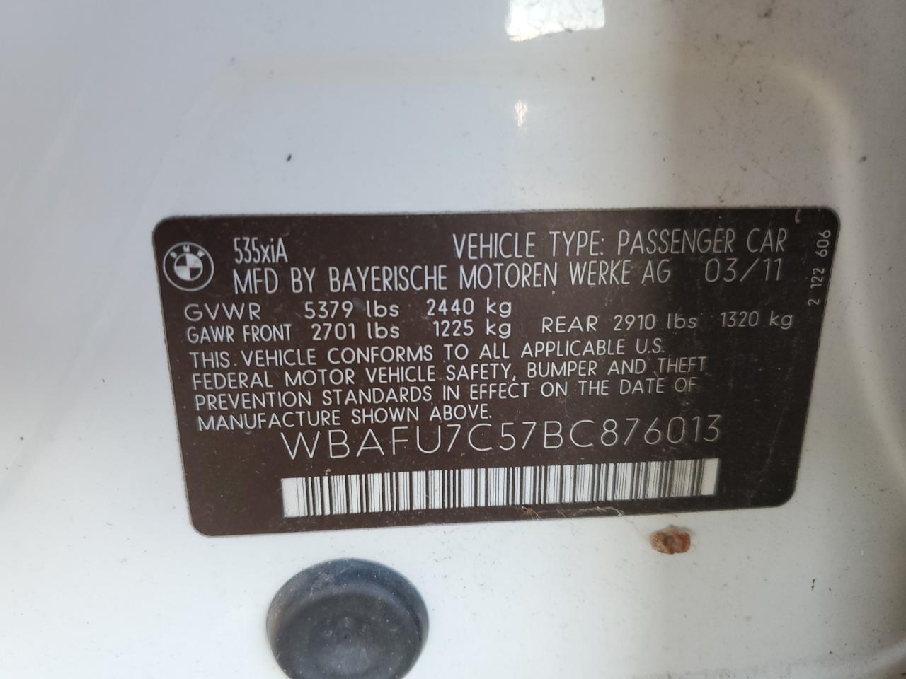 2011 BMW 535 Xi VIN: WBAFU7C57BC876013 Lot: 83645864