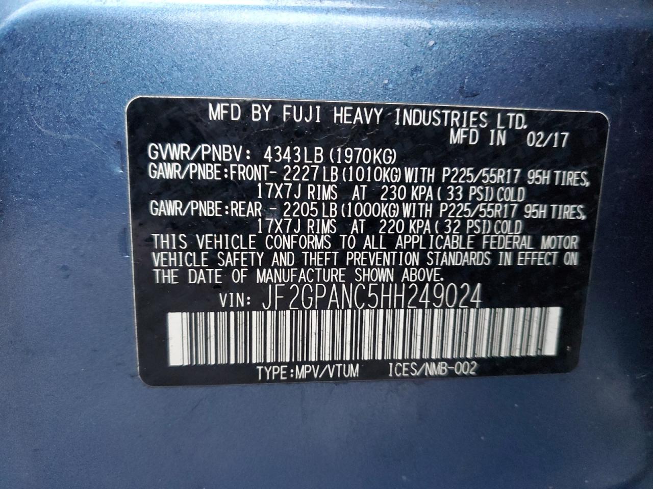 2017 Subaru Crosstrek Limited VIN: JF2GPANC5HH249024 Lot: 82455503