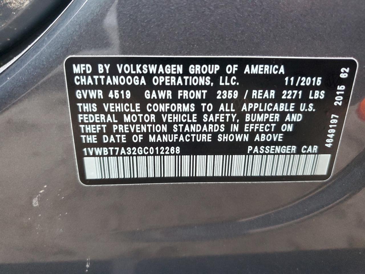 2016 Volkswagen Passat Se VIN: 1VWBT7A32GC012268 Lot: 85842395