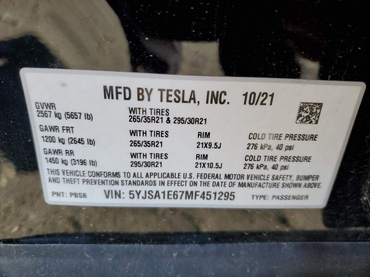 5YJSA1E67MF451295 2021 Tesla Model S