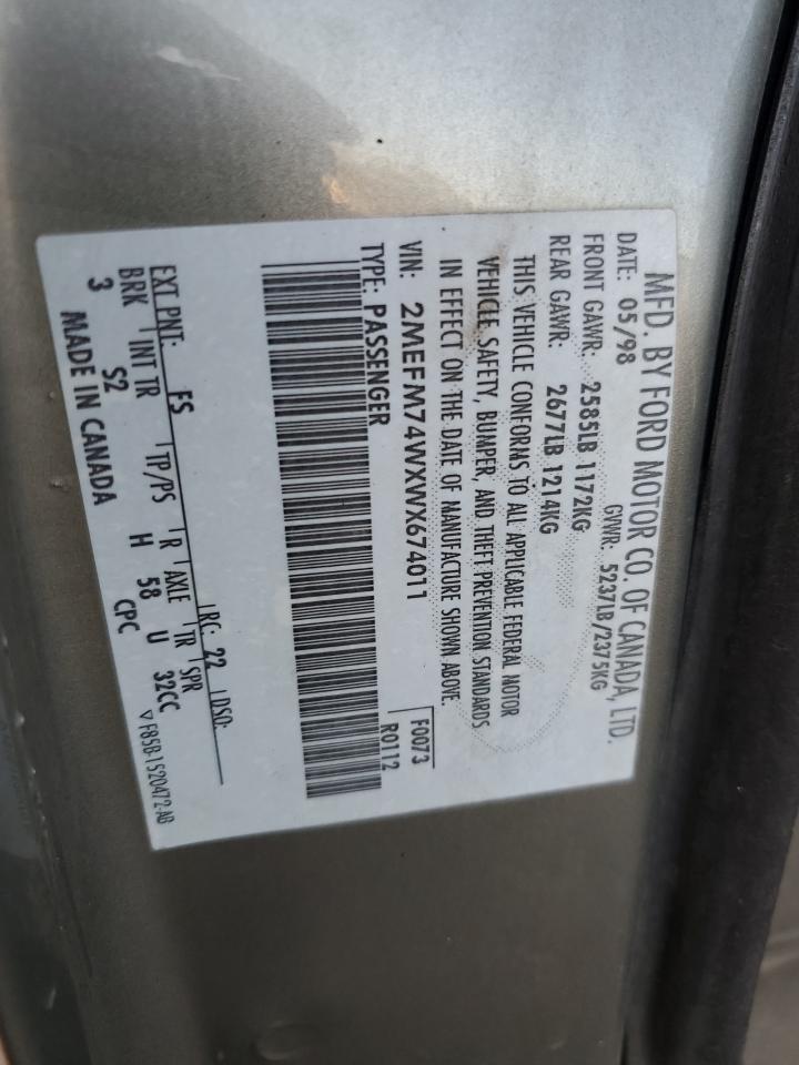 1998 Mercury Grand Marquis Gs VIN: 2MEFM74WXWX674011 Lot: 82581303