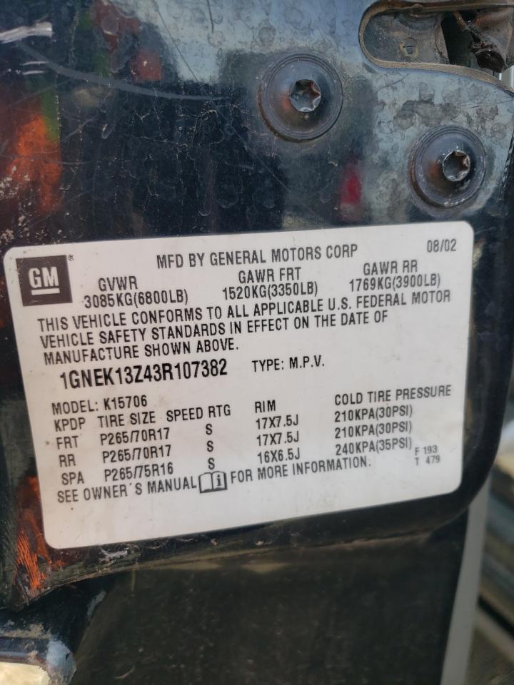 2003 Chevrolet Tahoe K1500 VIN: 1GNEK13Z43R107382 Lot: 65114915