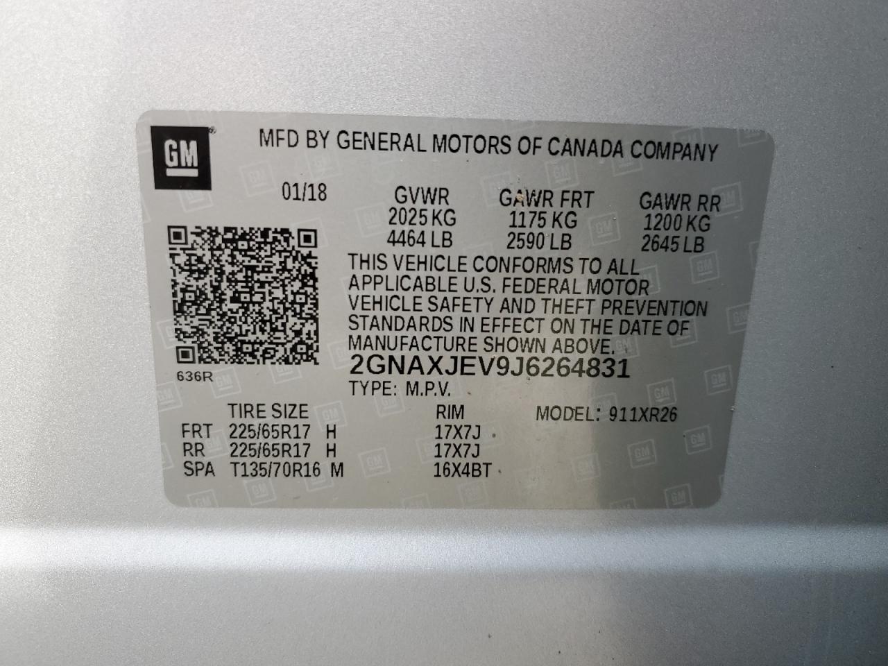 2GNAXJEV9J6264831 2018 Chevrolet Equinox Lt