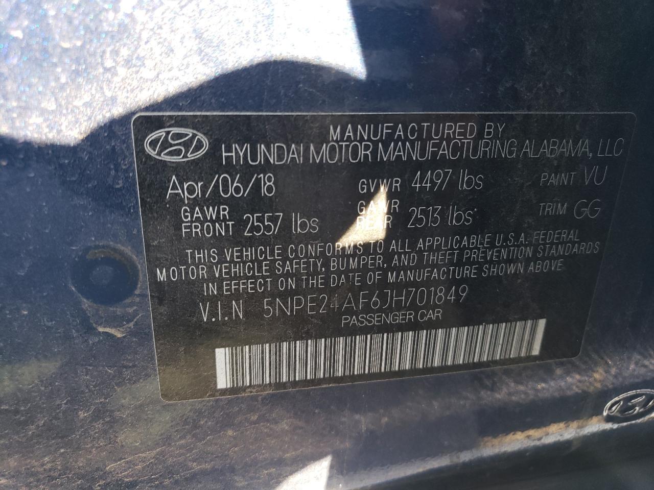 5NPE24AF6JH701849 2018 Hyundai Sonata Se