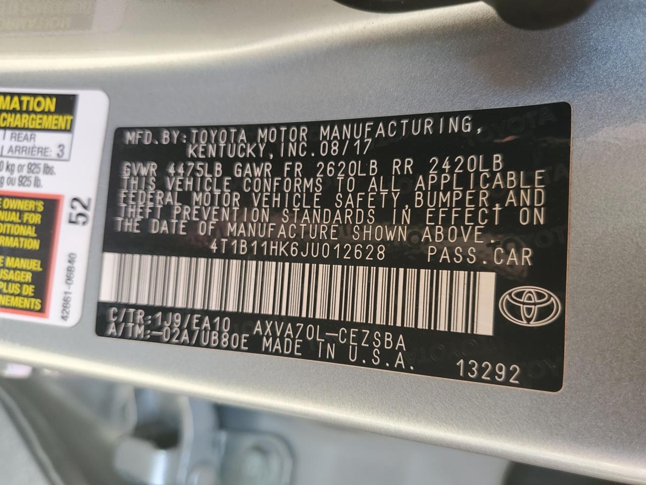 4T1B11HK6JU012628 2018 TOYOTA CAMRY - Image 12