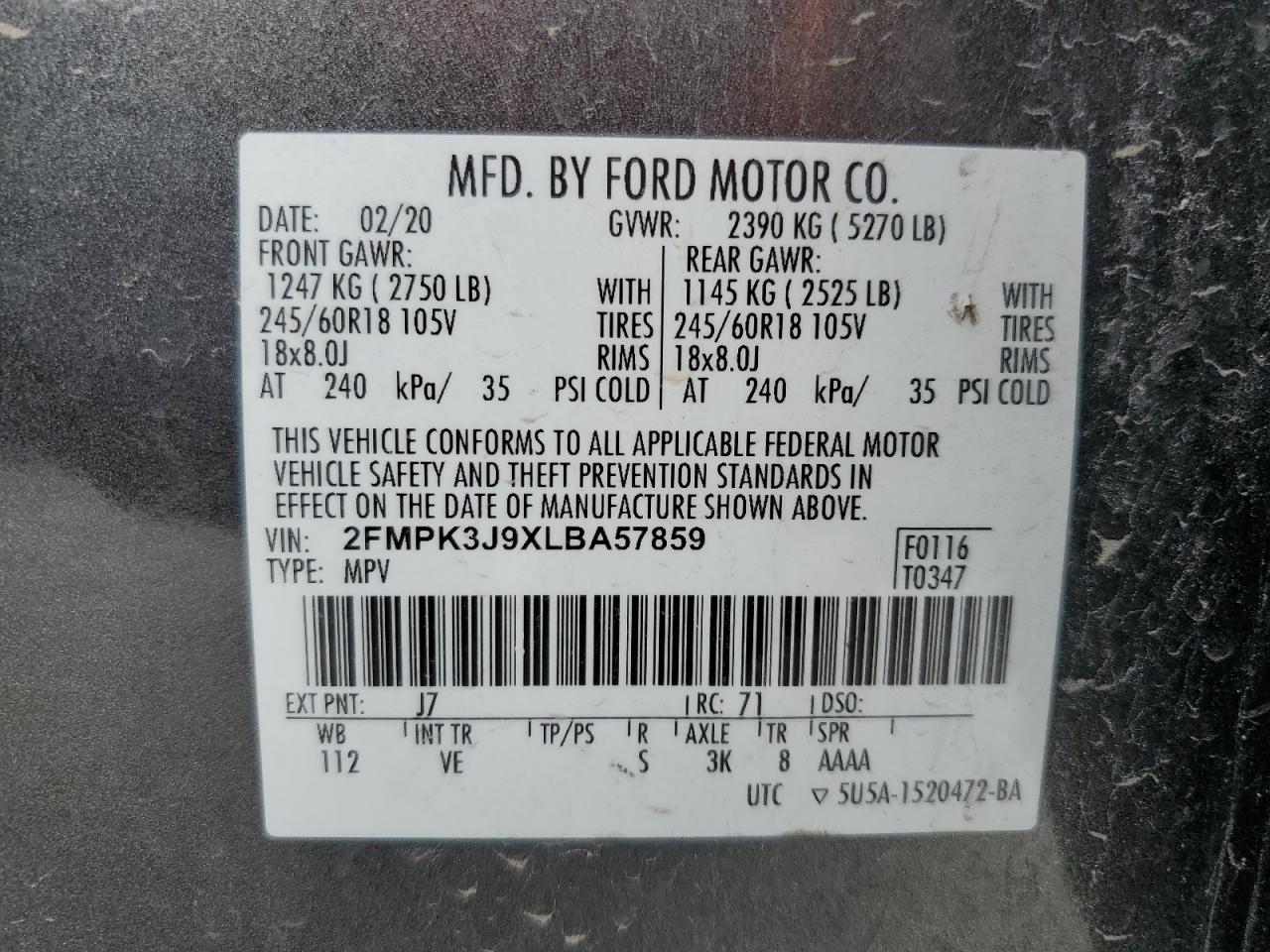 2020 Ford Edge Sel VIN: 2FMPK3J9XLBA57859 Lot: 81523823