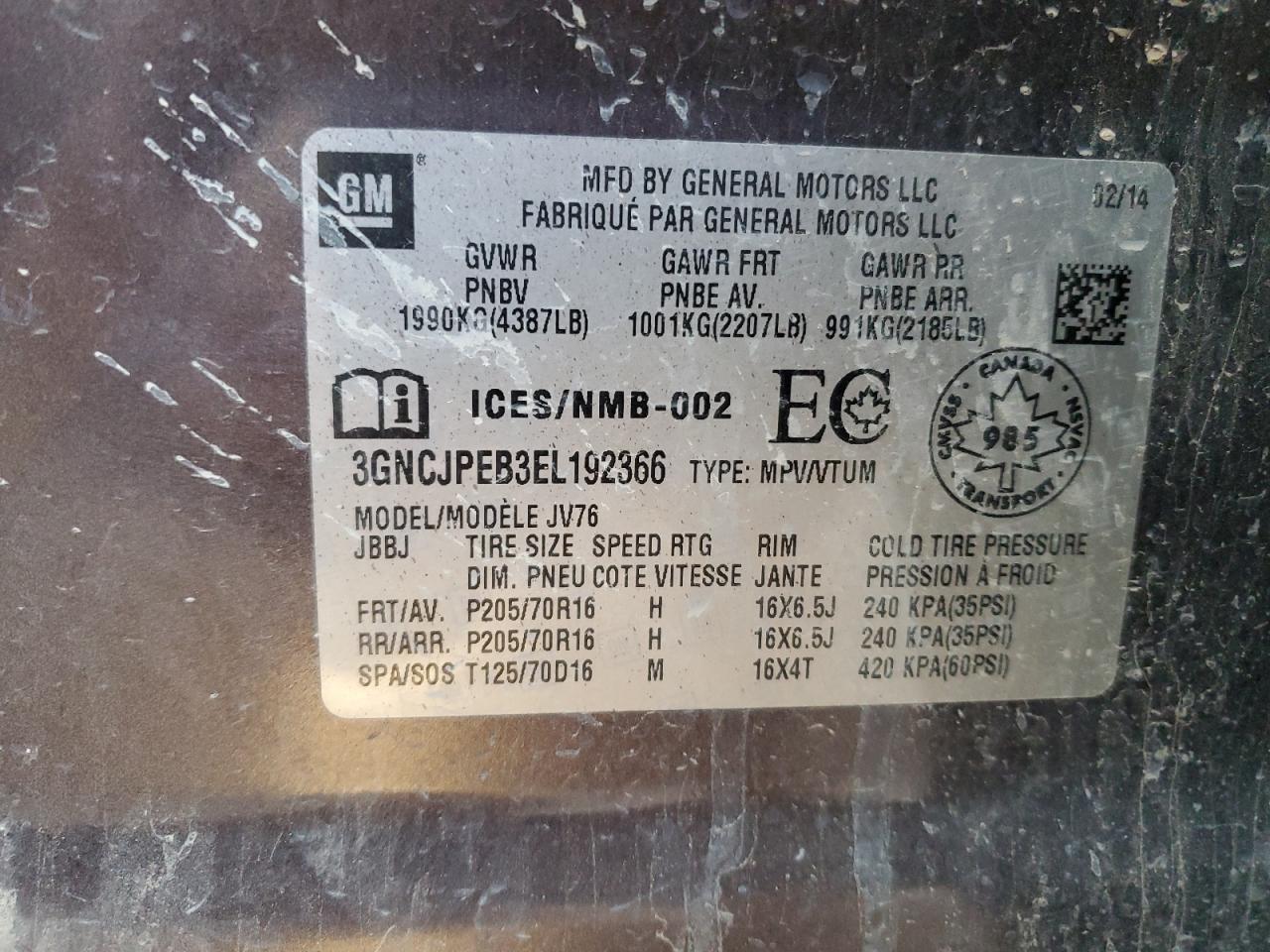 2014 Chevrolet Trax 1Lt VIN: 3GNCJPEB3EL192366 Lot: 78525403