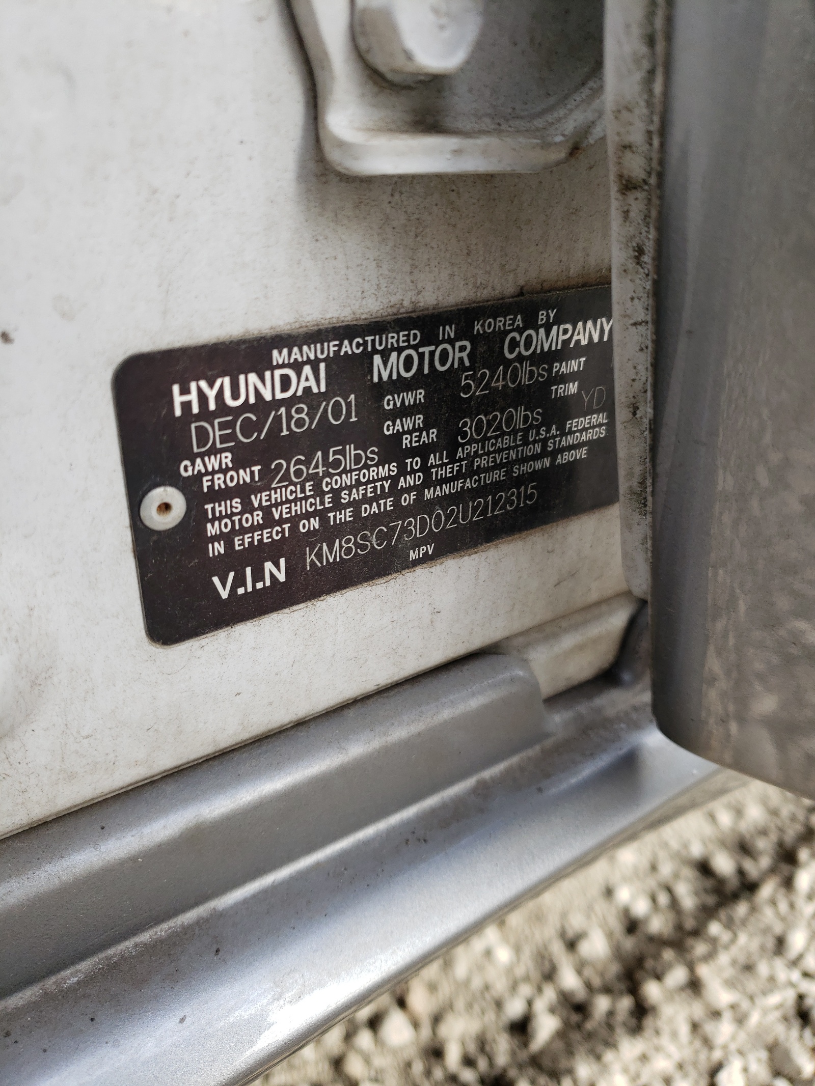 KM8SC73D02U212315 2002 Hyundai Santa Fe Gls