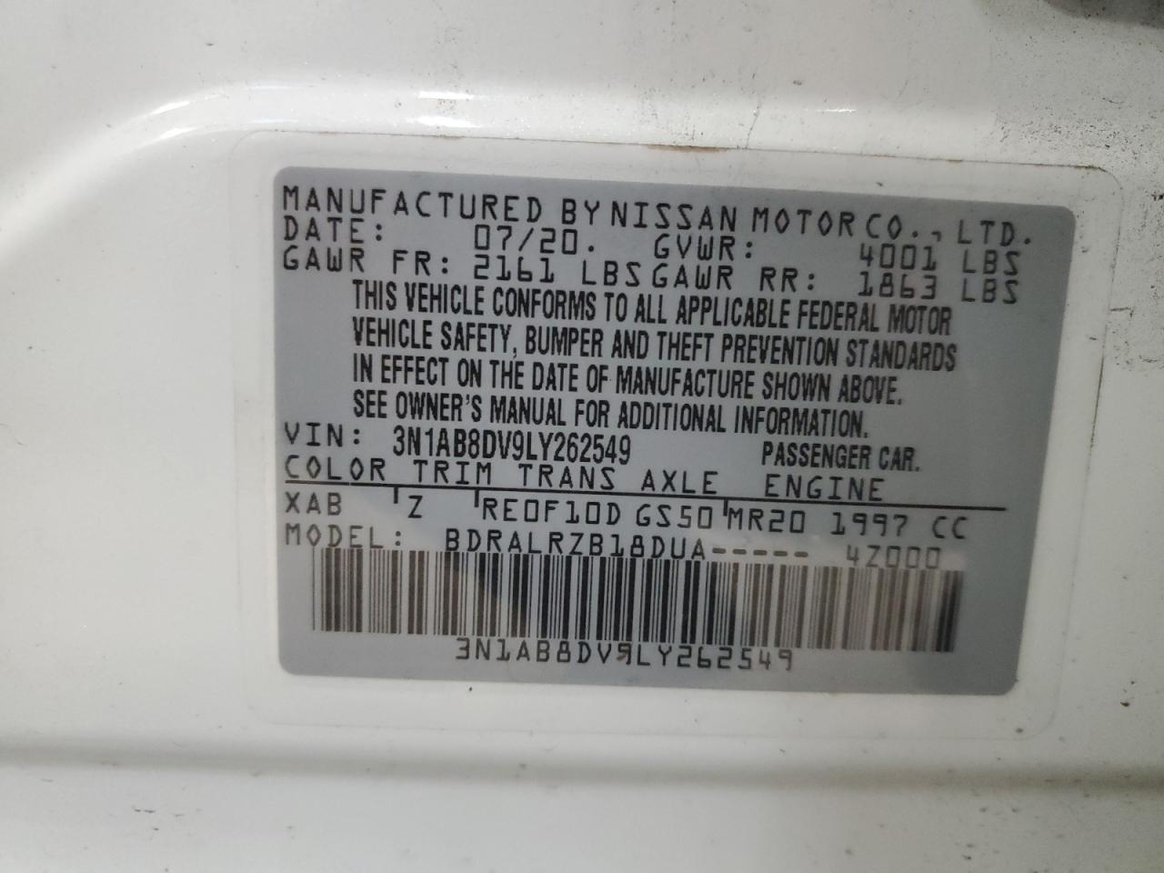 3N1AB8DV9LY262549 2020 Nissan Sentra Sr