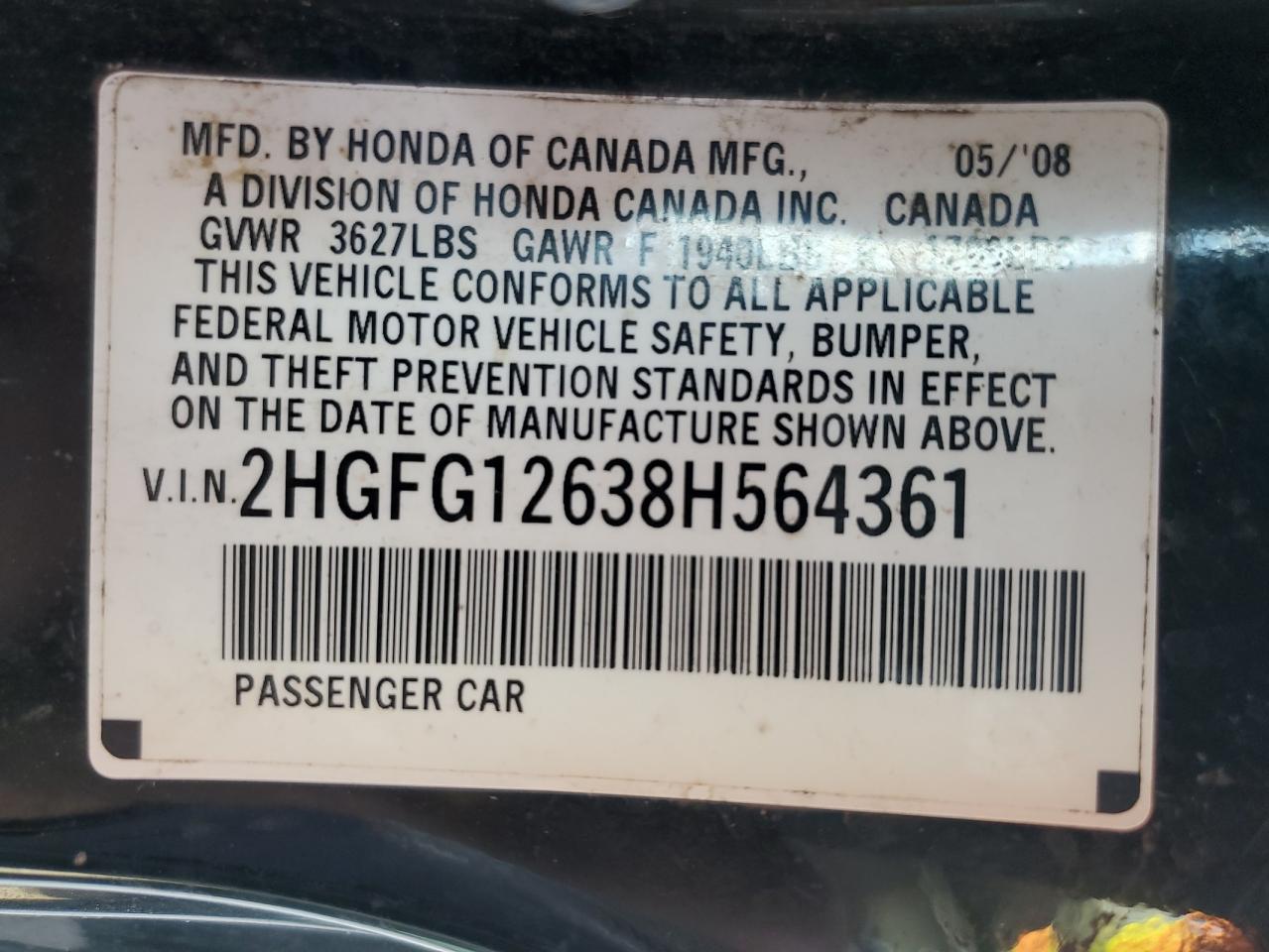 2008 Honda Civic Lx VIN: 2HGFG12638H564361 Lot: 80238453