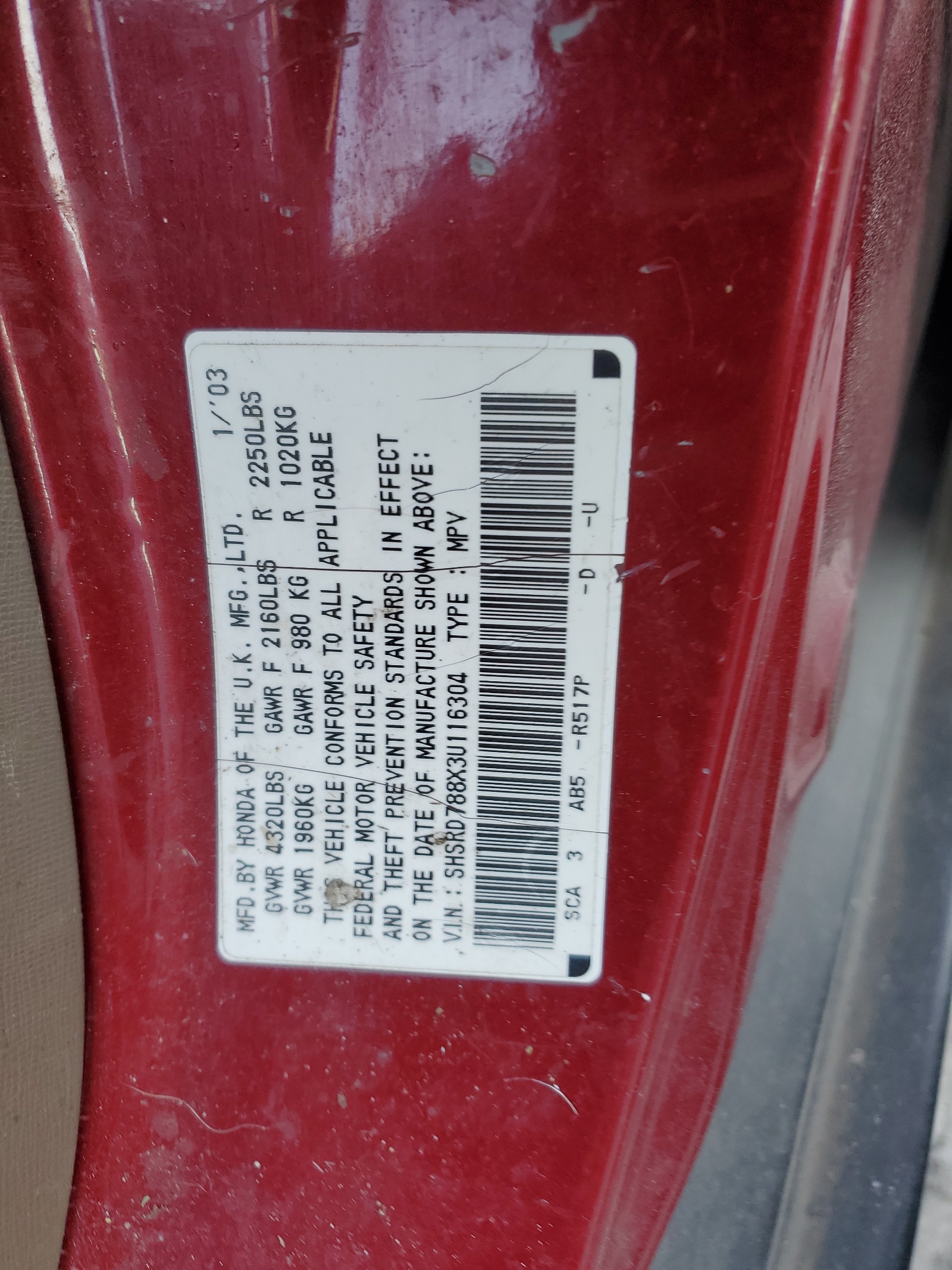 SHSRD788X3U116304 2003 Honda Cr-V Ex