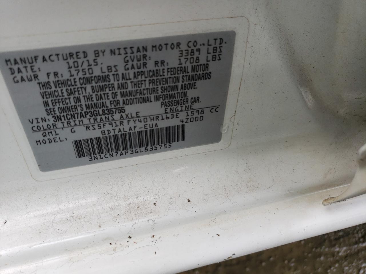 2016 Nissan Versa S VIN: 3N1CN7AP3GL835755 Lot: 82452853