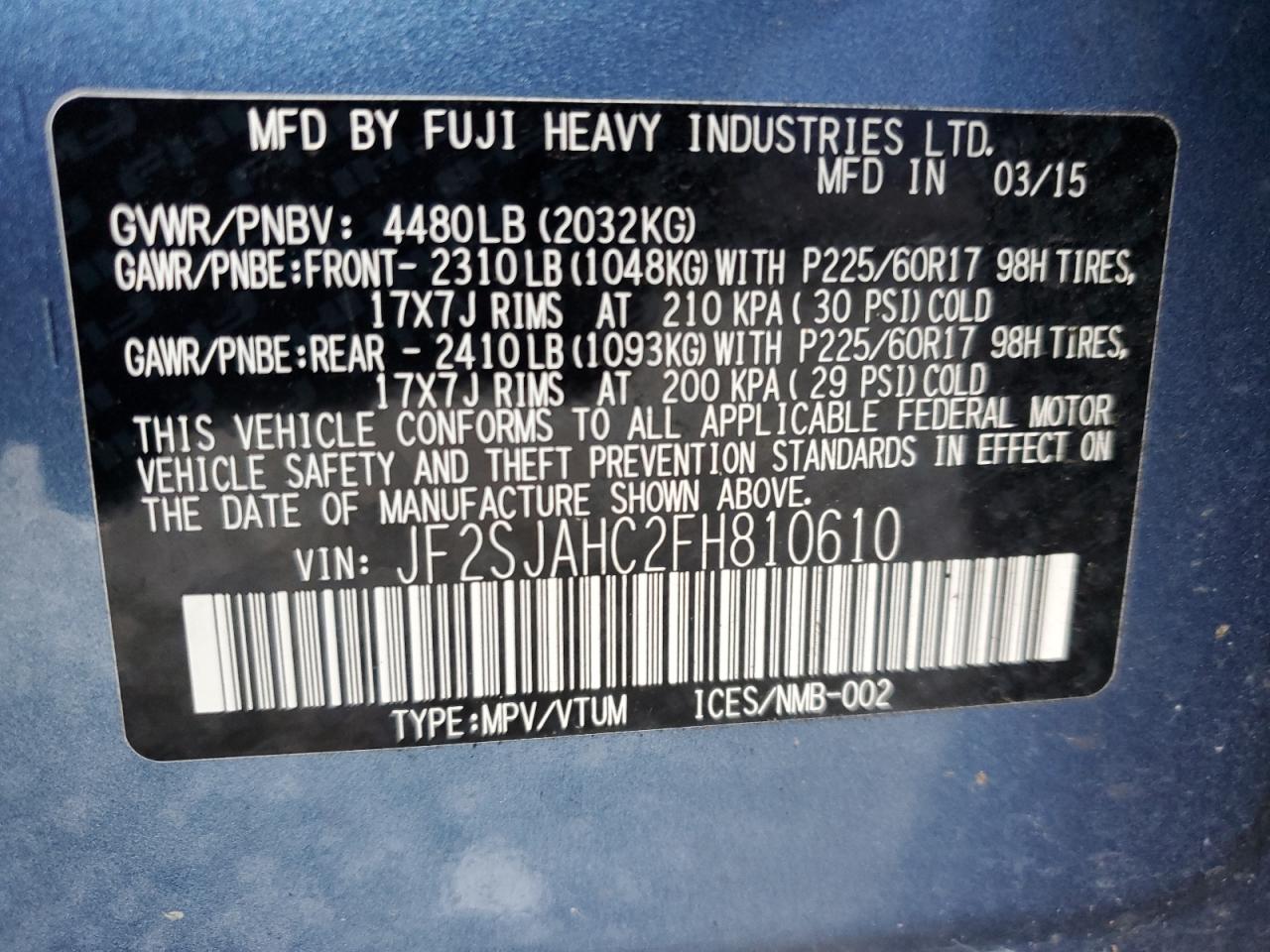 2015 Subaru Forester 2.5I Limited VIN: JF2SJAHC2FH810610 Lot: 80337083