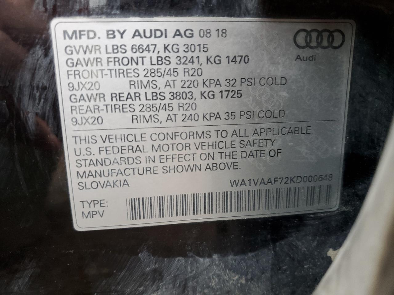 WA1VAAF72KD000648 2019 Audi Q7 Prestige