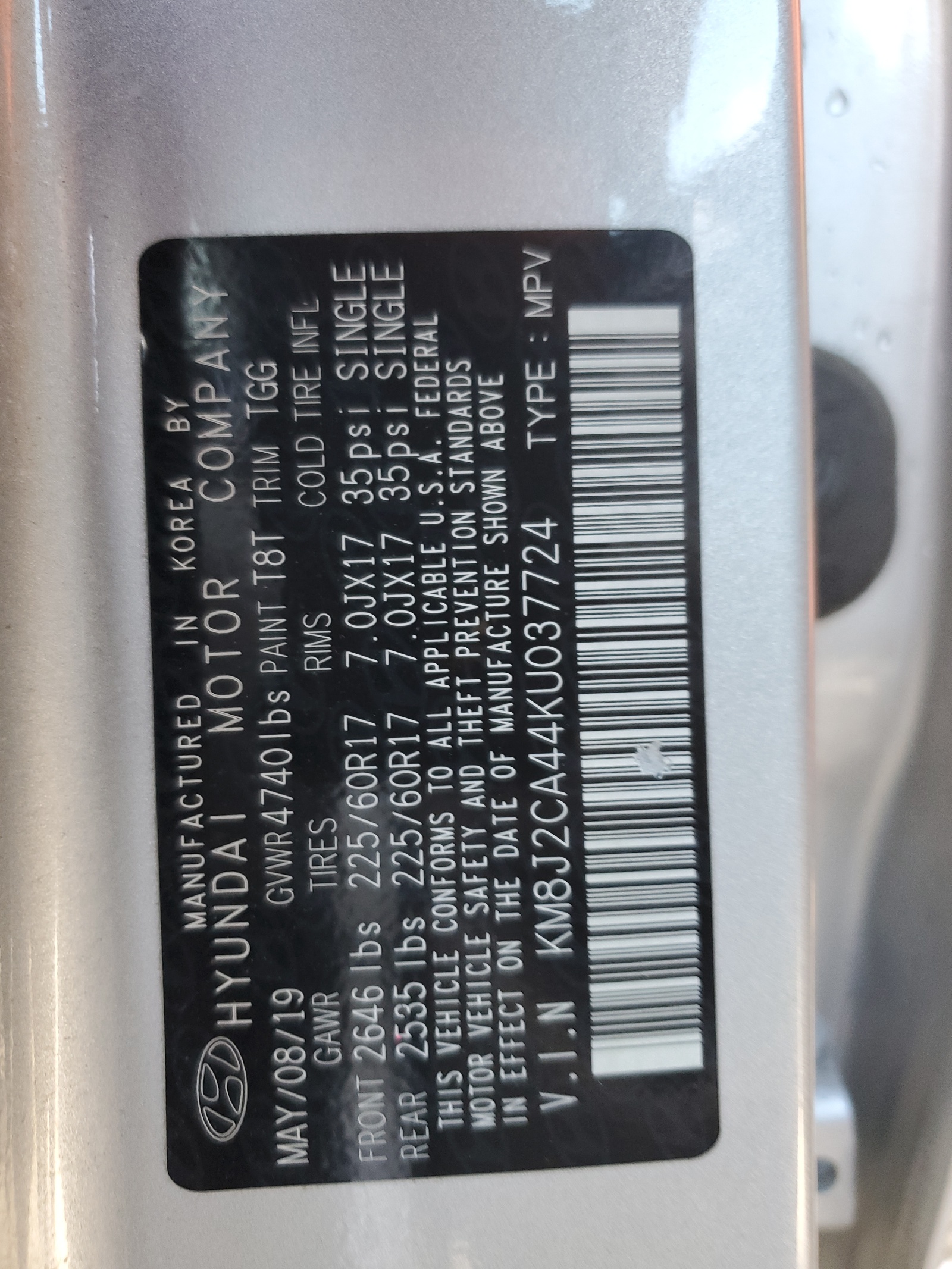 KM8J2CA44KU037724 2019 Hyundai Tucson Se