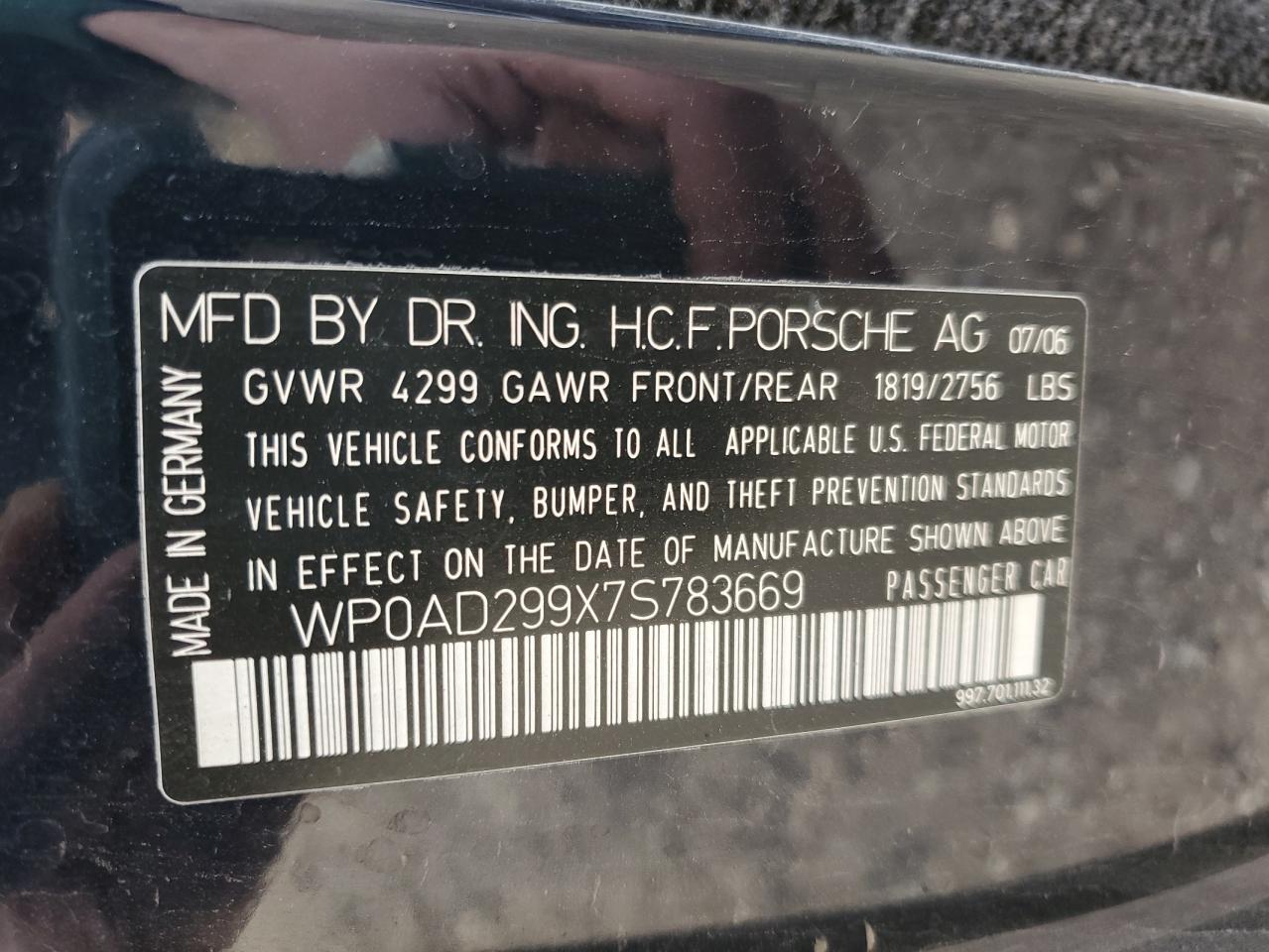 2007 Porsche 911 Turbo VIN: WP0AD299X7S783669 Lot: 76930723