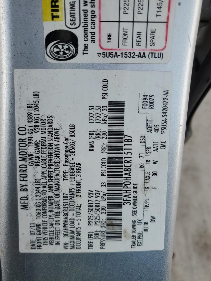 2012 Ford Fusion Se VIN: 3FAHP0HA8CR151187 Lot: 49582565