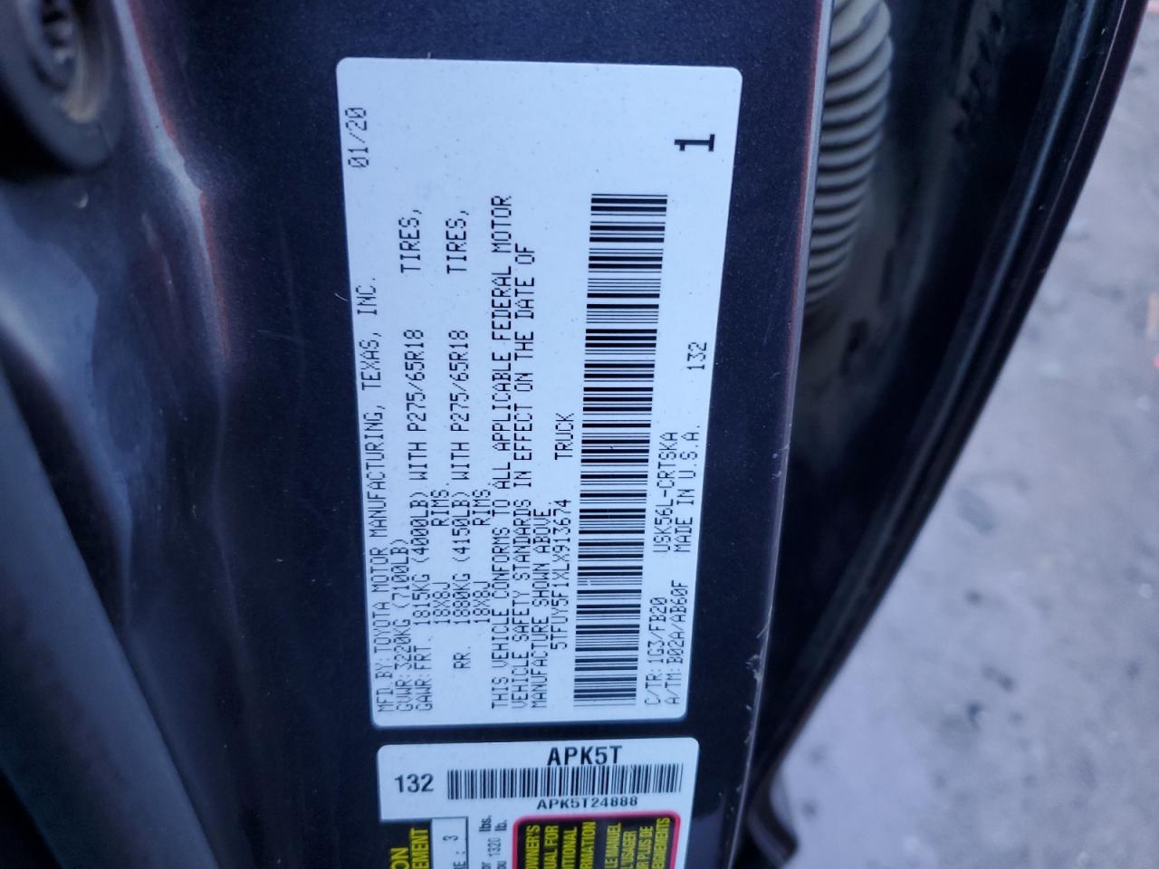 2020 Toyota Tundra Double Cab Sr/Sr5 VIN: 5TFUY5F1XLX913674 Lot: 81535733