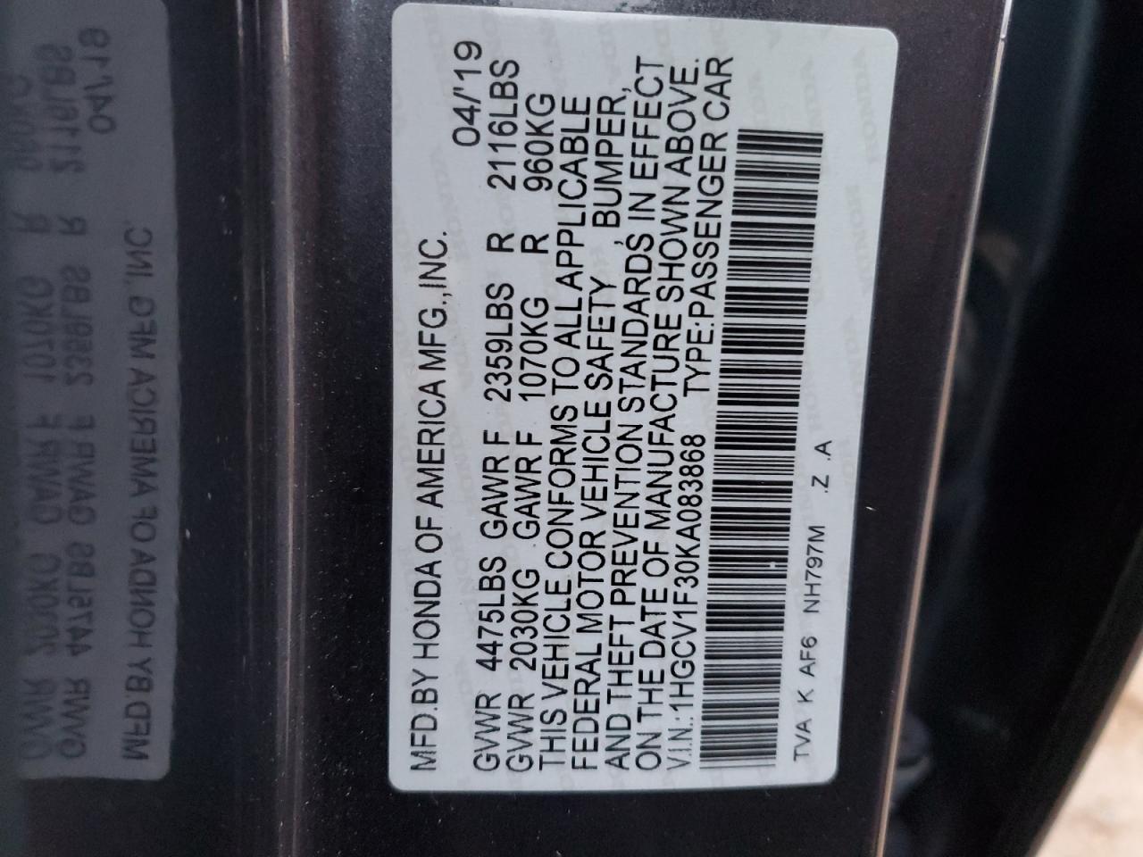 1HGCV1F30KA083868 2019 Honda Accord Sport