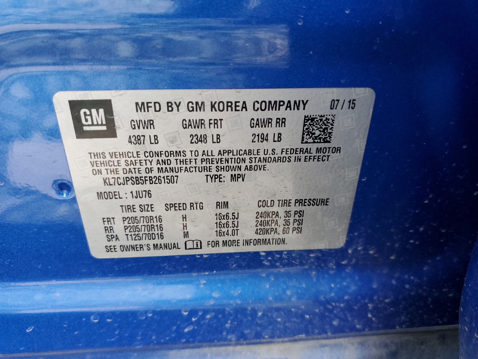 KL7CJPSB5FB261507 2015 Chevrolet Trax 1Ls