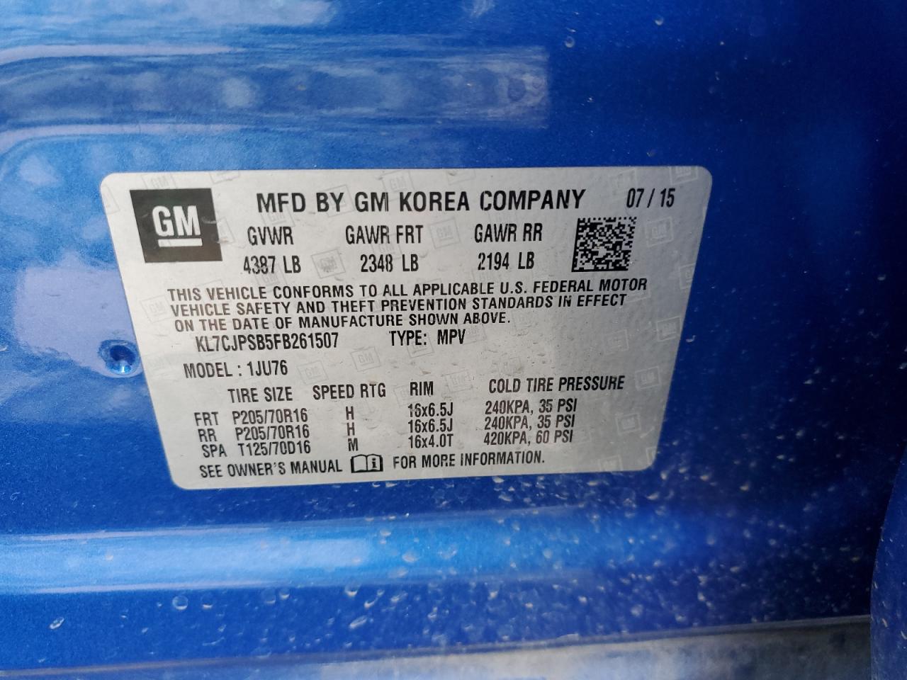 2015 Chevrolet Trax 1Ls VIN: KL7CJPSB5FB261507 Lot: 81550103