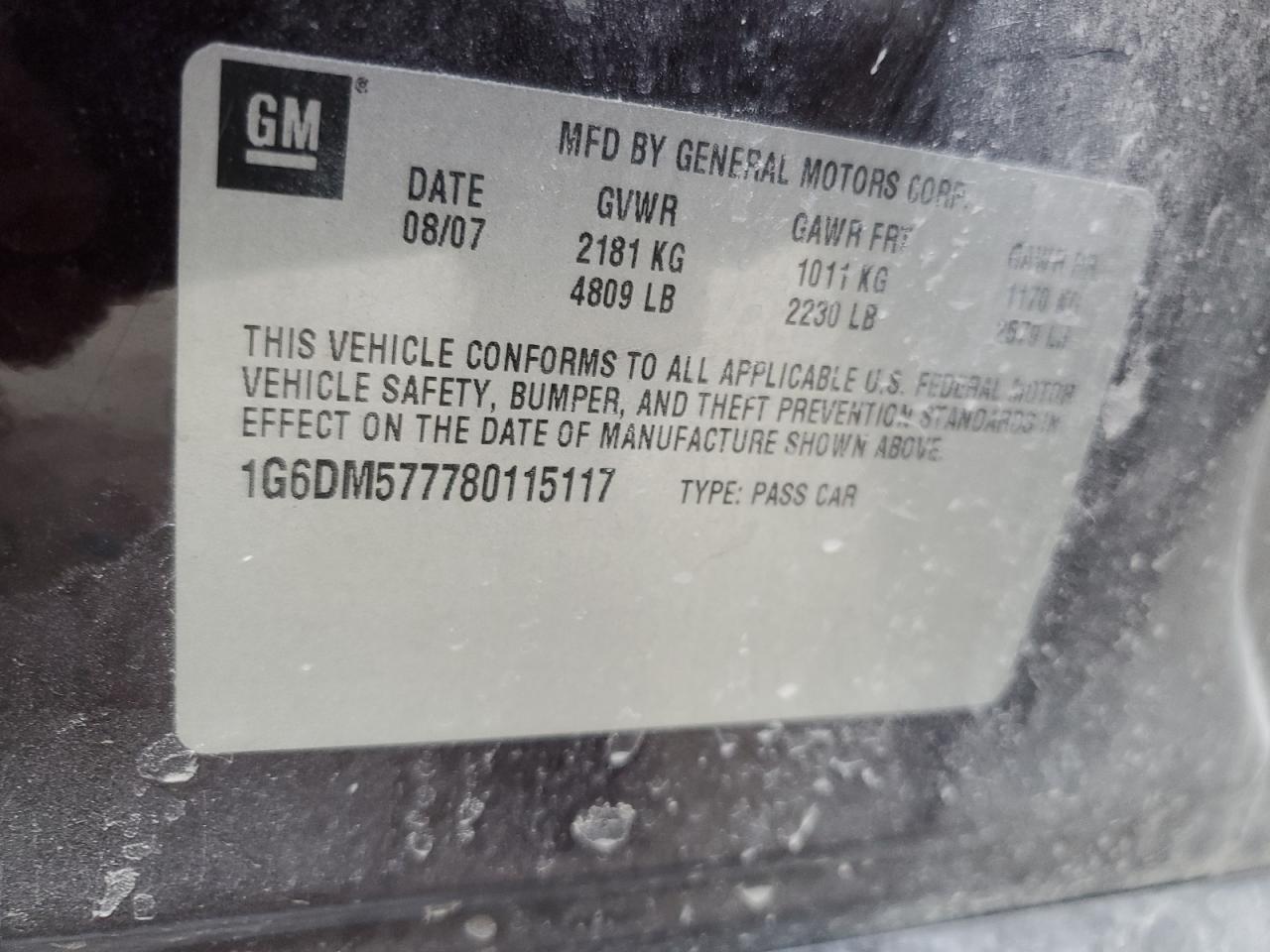 2008 Cadillac Cts VIN: 1G6DM577780115117 Lot: 80322233