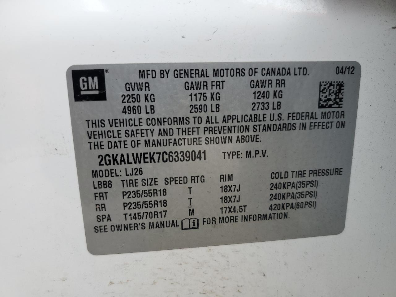 2012 GMC Terrain Slt VIN: 2GKALWEK7C6339041 Lot: 82230273