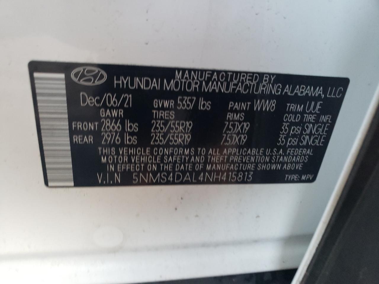 2022 Hyundai Santa Fe Limited VIN: 5NMS4DAL4NH415813 Lot: 80872833