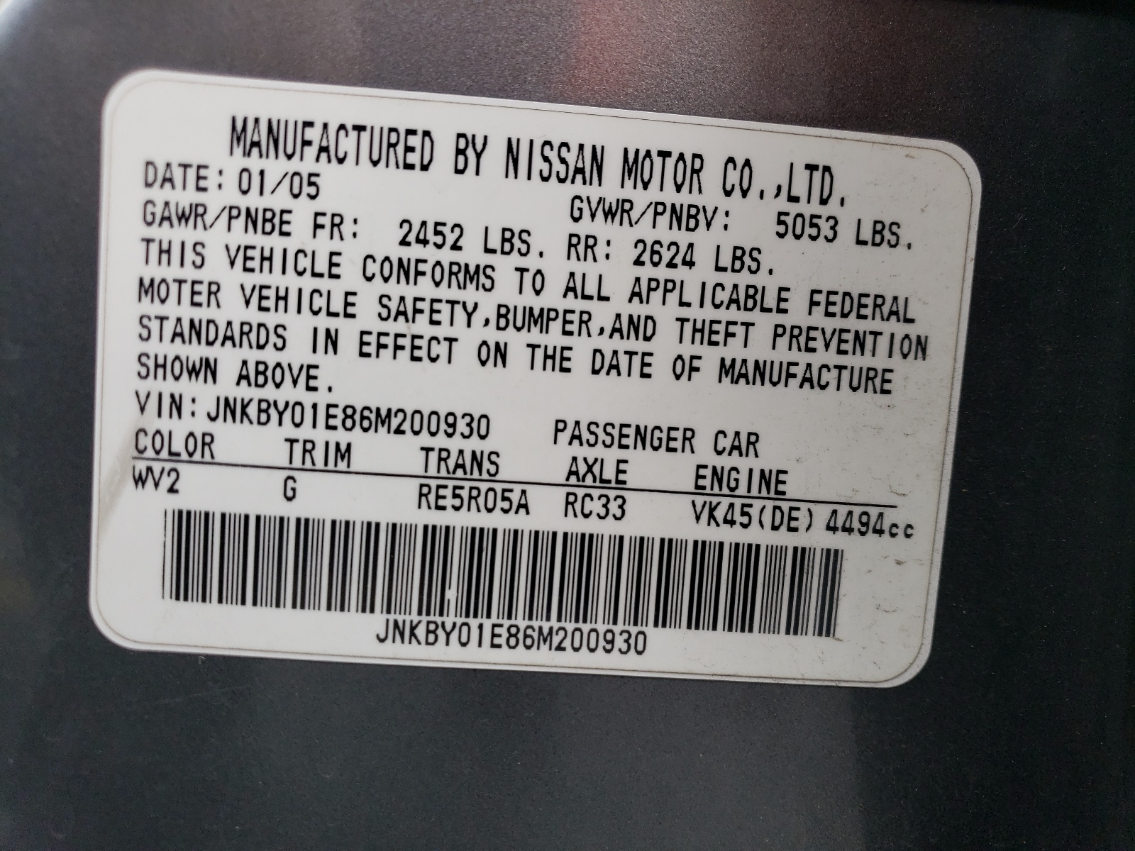 JNKBY01E86M200930 2006 Infiniti M45 Base