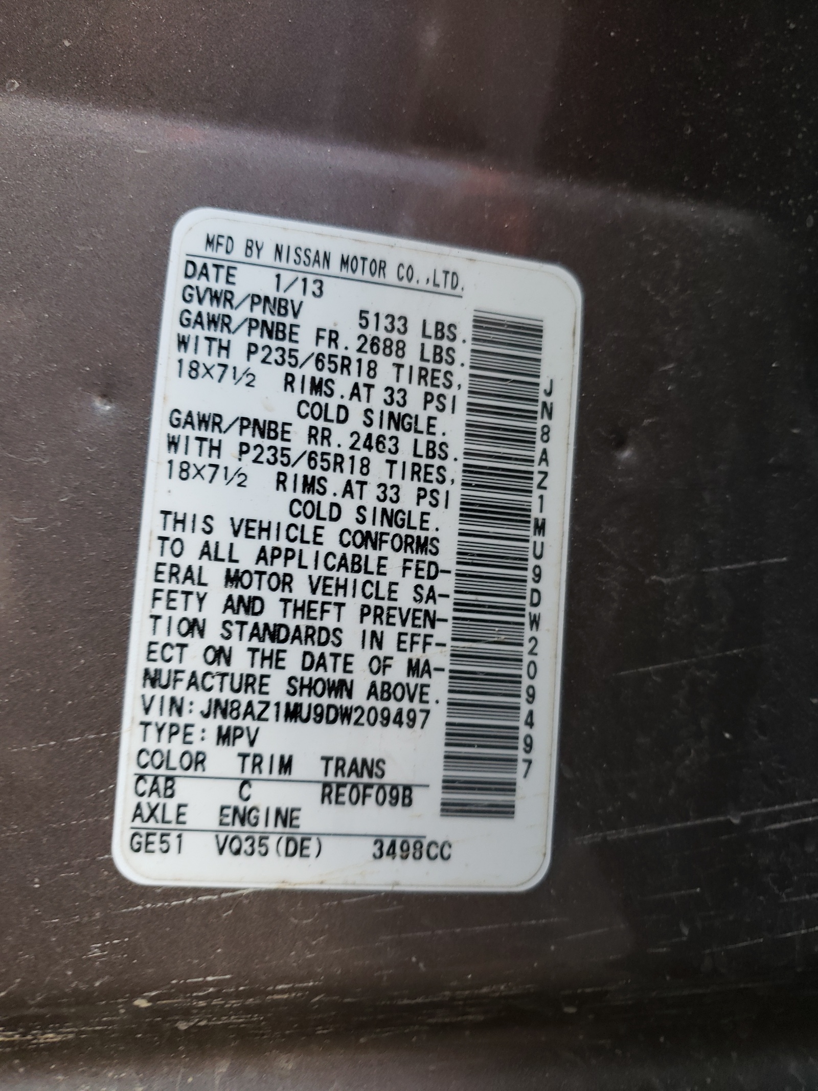 JN8AZ1MU9DW209497 2013 Nissan Murano S