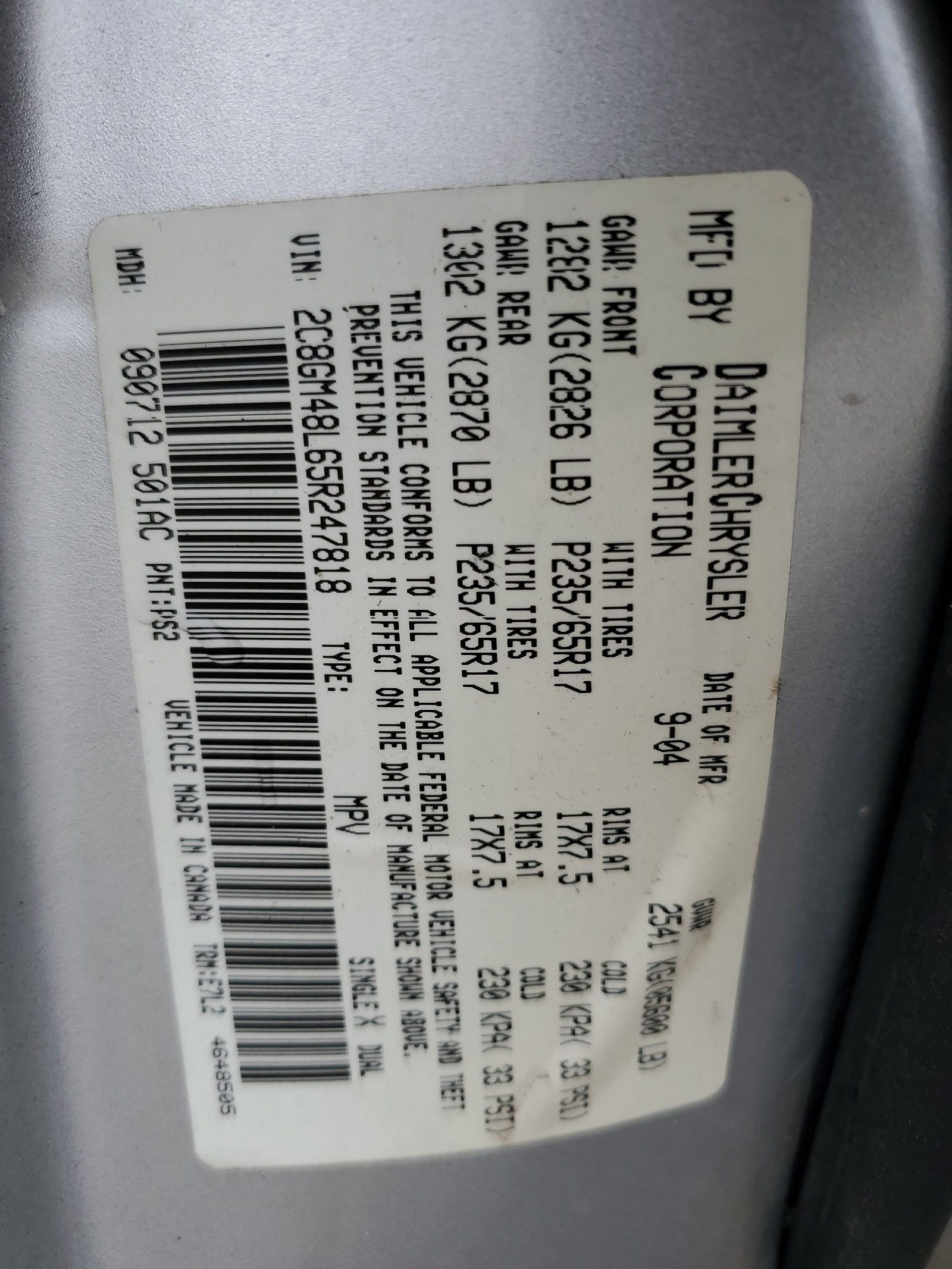 2C8GM48L65R247818 2005 Chrysler Pacifica