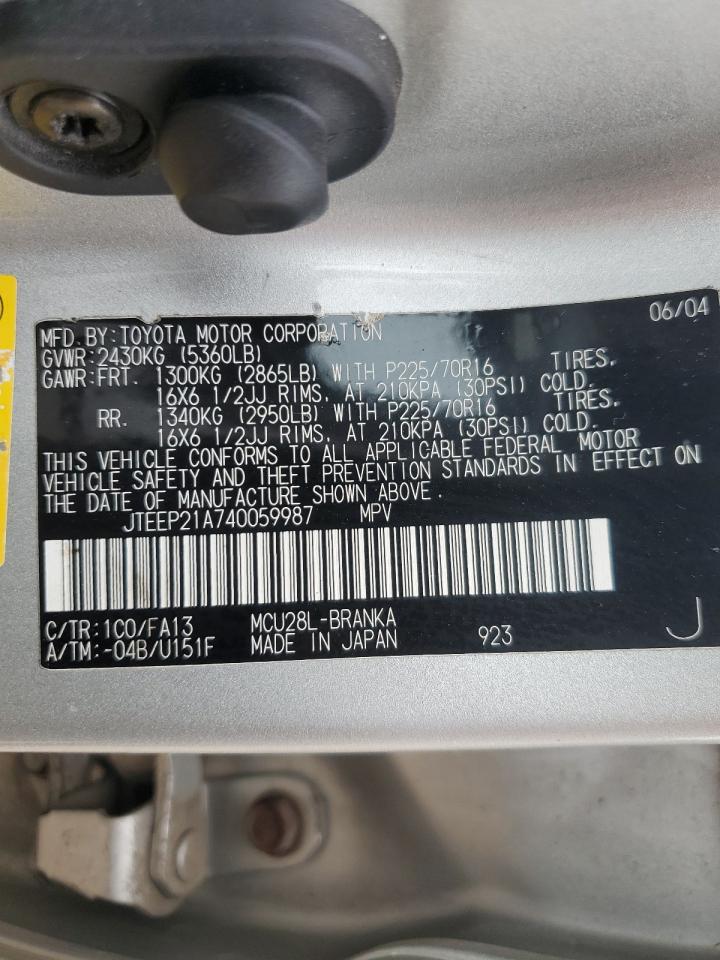 2004 Toyota Highlander VIN: JTEEP21A740059987 Lot: 80597603